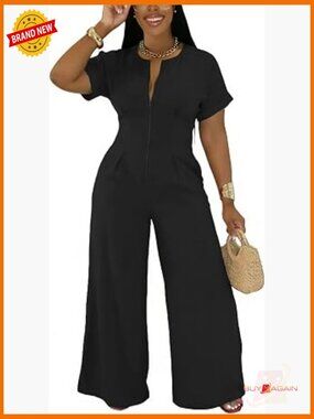 Sexy Zip Up Short Sleeve Wide Leg Long Pants Romper